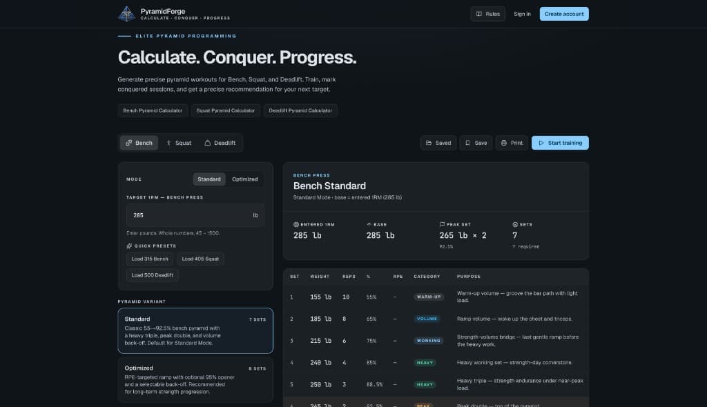 PyramidForge pyramid strength-training calculator and tracker